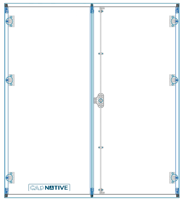 IMOS IX drawing of a double door with the Espagnolette lock connector installed — central cylinder, rod running the full height, hooks and guides top and bottom