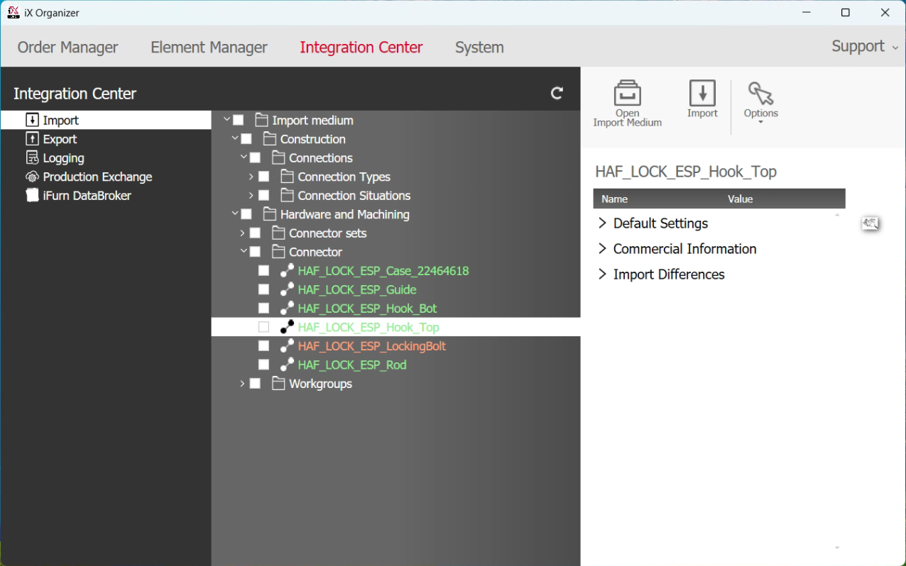 iX Organizer Integration Center Import screen showing the HAF_LOCK_ESP connector elements ready to import